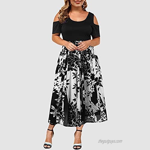 Summer Plus Size Maxi Dresses for Wedding Guest Women Black Sexy Lace Cold Shoulder Short Sleeve Crewneck Long Dress