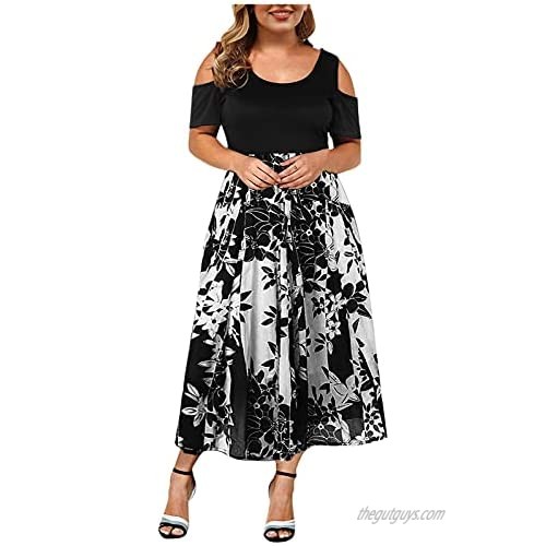 Summer Plus Size Maxi Dresses for Wedding Guest  Women Black Sexy Lace Cold Shoulder Short Sleeve Crewneck Long Dress