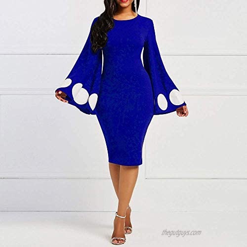 VERWIN Flare Sleeve Polka Dots Print Women's Midi Dress Bodycon Dress