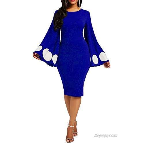 VERWIN Flare Sleeve Polka Dots Print Women's Midi Dress Bodycon Dress