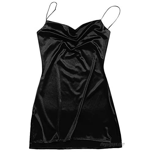 ZAFUL Women's Spaghetti Straps Side Slit Stain Cami Dress Solid Slip Dress