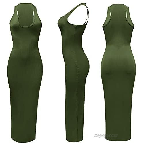 Choichic Women's Tank Maxi Dress Sexy Deep V Neck Slim Fit Sleeveless Basic Tank Dresses Party Clubwear
