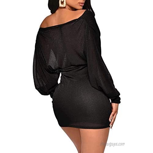 Cutiefox Women's Sexy Deep V Neck Sweater Dress Batwing Sleeve Backless Bodycon Knit Mini Dress with Belted