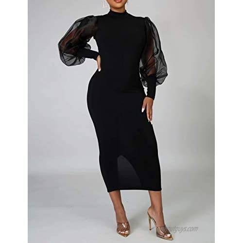 FANTASYSKINS Women's Puff Sleeve Formal Dress Long Sleeve Mesh Stitching Office Lady Mock Neck Split Hem Midi Black Dresses