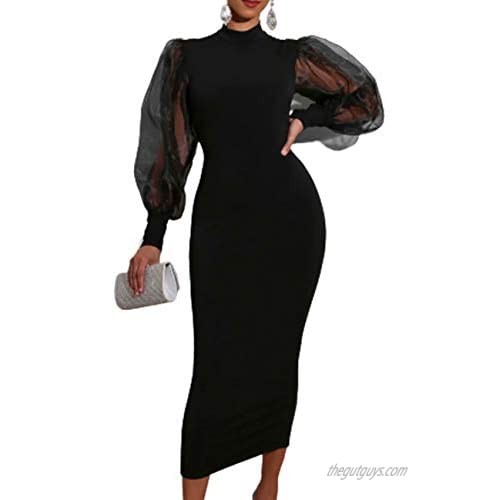 FANTASYSKINS Women's Puff Sleeve Formal Dress Long Sleeve Mesh Stitching Office Lady Mock Neck Split Hem Midi Black Dresses