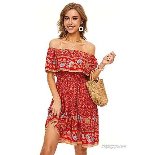 FFever Off Shoulder Dress for Women - Ruffle Floral Print Summer Dresses  Bohemian Style Short Dress  Vintage Boho Sundress