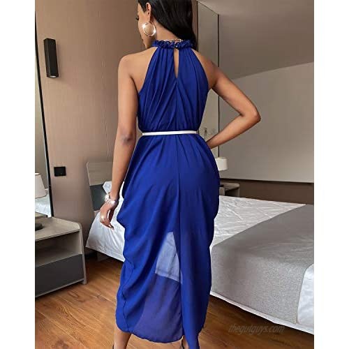 GIKING Womens Sleeveless Halter Pleated Cocktail Bodycon Dress Office Work Pencil Party Dresses with Belt