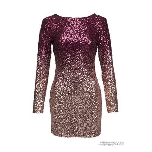 Glam and Gloria Womens Ombre Glitter Sequin Longsleeve Cocktail Dress