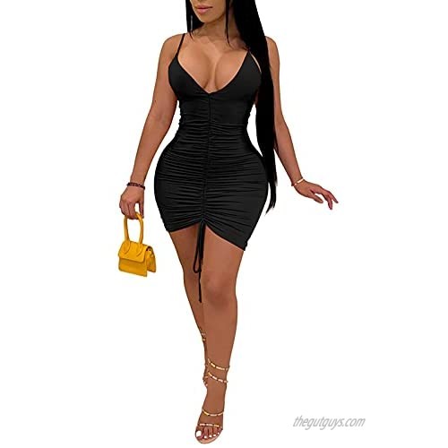 Halfword Women’s Sexy V Neck Mini Dress Spaghetti Strap Ruched Bodycon Dresses Clubwear