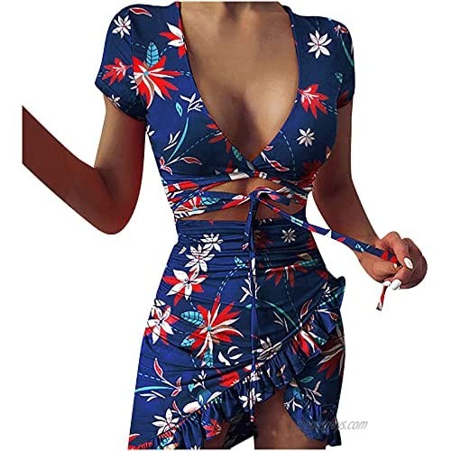 Lenago Summer Dresses for Women Bodycon Mini Wrap Dress V Neck Bandage Sundress Graphic Slim Skirt Ruffle Party Club Dress