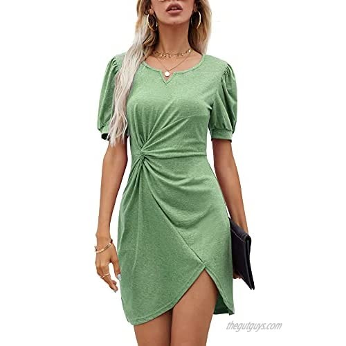 LOMON Women's Casual Twist Knot Bodycon Dress Puff Short Sleeve Henley V-Neck Irregular Hem Summer Fitted Mini Dress S-XL
