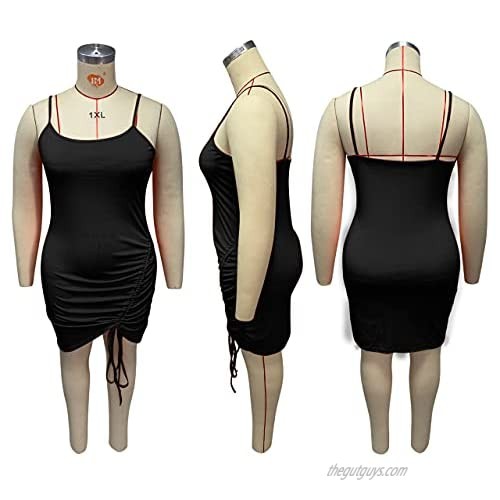 OLUOLIN Women's Summer Plus Size Ruched Midi Dress Adjustable Spaghetti Strap Bodycon Drawstring Side Slit Party Clubwear