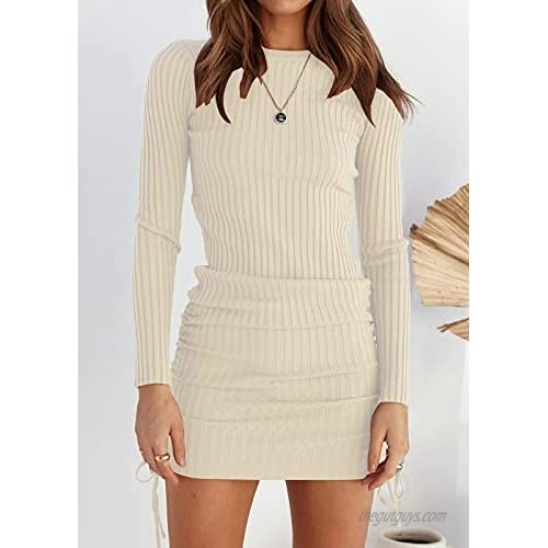 OneandOnly Women's Long Sleeve Bodycon Dress Casual Crew Neck Ruched Short Club Dress Drawstring Ribbed Knit Mini Dresses