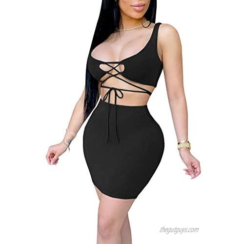 Ophestin Women Sexy Tank Lace Up Crop Top Skirt Set Bodycon Party Two Piece Mini Dress Outfits Clubwear