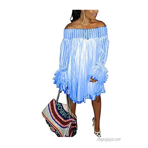 Remelon Women Long Bell Sleeve Off Shoulder See Through Mesh Lace Loose Fit Party Shift Mini Dress Blue XL