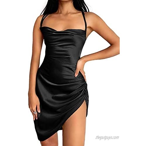 Sexy Club Satin Bodycon Dresses for Women Party Lace Hem Backless Cami Dress