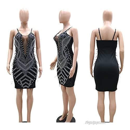 ThusFar Women's Sexy Mesh Sequin Long Sleeve Clubwear Midi Dress