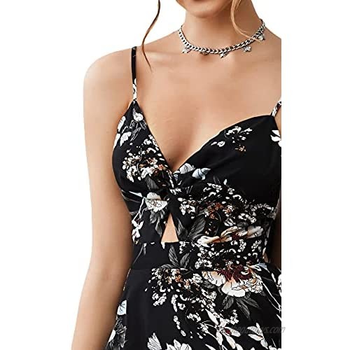 Verdusa Women's Floral Print Twist Front Knotted Cami Mini A Line Flared Dress