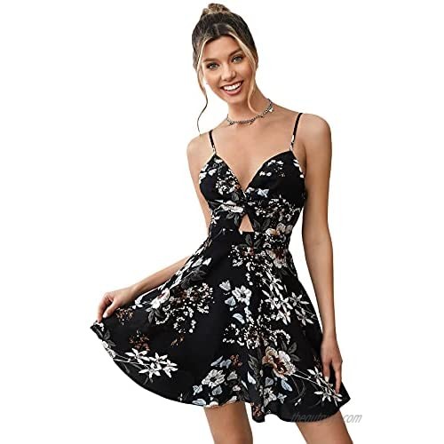 Verdusa Women's Floral Print Twist Front Knotted Cami Mini A Line Flared Dress
