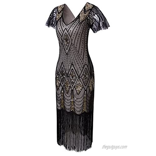 VIJIV Women's 1920s Gatsby Inspired Sequin Beads Long Fringe Flapper Dress with Sleeves