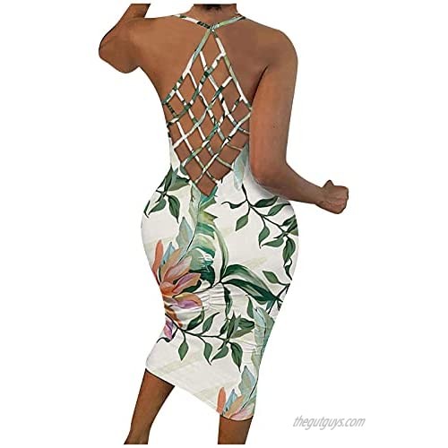 Women Sexy Bodycon Dresses Tie Dye Print Backless Spaghetti Straps Dress Criss Cross Hollow Midi Party Cocktail Dress
