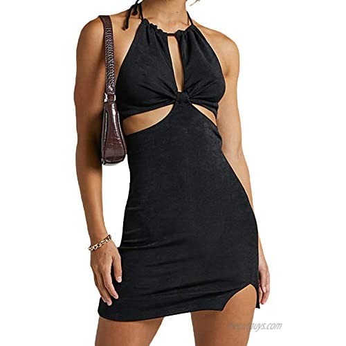 Women Sexy Hollow Mini Dress Backless Halter Y2K Streetwear Spaghetti Strap Dresses
