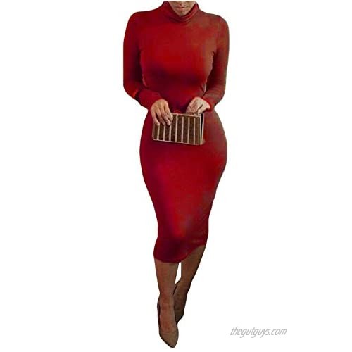 Women Winter Turtleneck Bodycon Dresses - Long Sleeve Solid Midi Sexy Club Dress