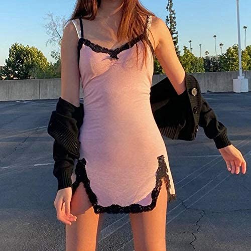 Women’s Lace Spaghetti Strap Camisole Dresses Sexy Deep V Neck Lingerie Patchwork Bodycon Mini Dress Y2k Fashion
