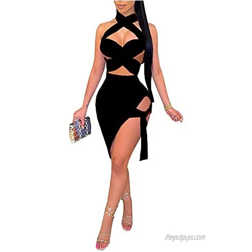 Womens Sexy 2 Piece Outfits Halter Neck Clubwear Bodycon Bandage Midi Dress Sets