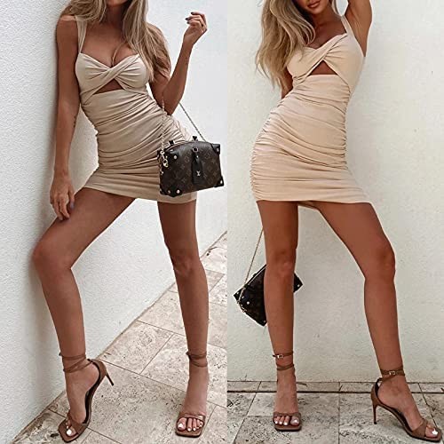 Women’s Sexy Backless V Neck High Waist Ruched Bodycon Mini Dress Summer Sleeveless Hollow Cut Party Club Cami Dresses