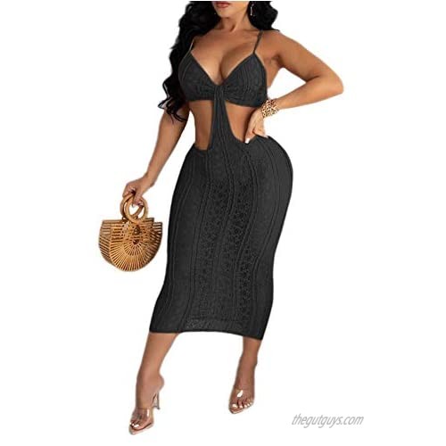 Women's Sexy Beach Dresses Lace Spaghetti Straps Hollowed Out Elegant Club Bodycon Long Dress Outfit