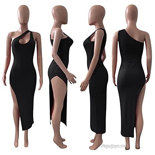 Womens Sexy Cutout Bodycon Dress Slant Shoulder Hollow Out Slit Midi Clubwear Dresses