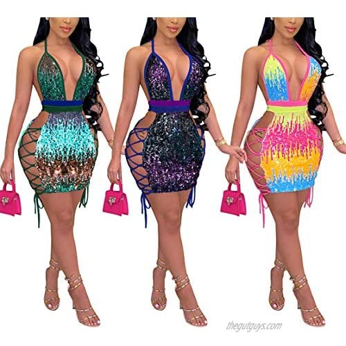 Women's Sexy Halter Sequin Dress Backless Deep V-Neck Spagetti Straps Bandage Bodycon Mini Dress Party Clubwear
