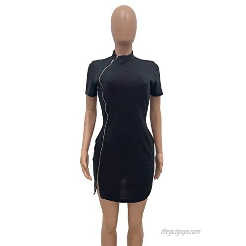 Women's Sexy Short Sleeve Bodycon Mini Dress Summer Zipper Split Dress