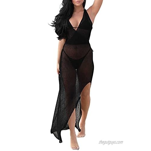 Women’s Sexy Sleeveless See Through Bodycon Dresses Deep V Neck Halter Split Cocktail Maxi Dress