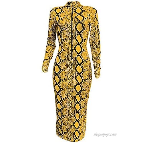 Xuan2Xuan3 Women's Dresses Fall Long Sleeve Snake Printed Zipper Neck Knit Bodycon Evening Party Long Dress